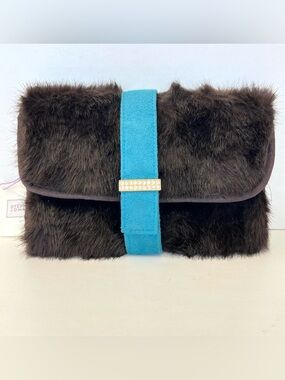 STEPHANIE JOHNSON Brown Faux Fur Vintage Travel Roll Cosmetic Jewelry Makeup Bag